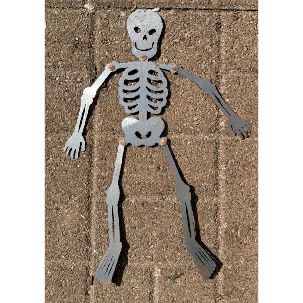 Vintage Halloween 17" Skeleton Metal Yard Sign Decor Outdoor, Skeleton